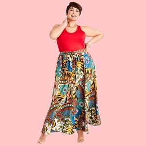 Ashley Stewart 3x Gorgeous Boho Colorful Tie Waist Abstract Print Maxi Skirt